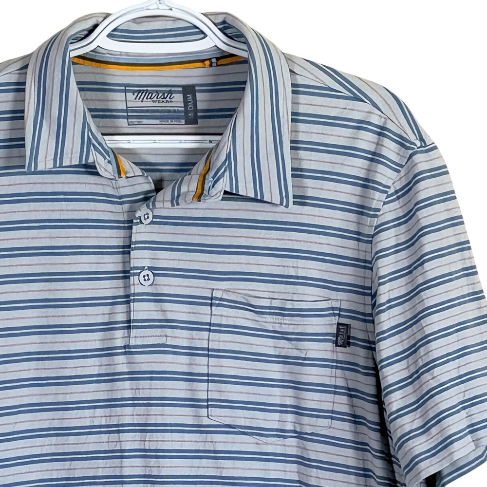 Marsh Wear Pensacola Polo Shirt Mens M Blue Gray Striped Pocket Short Sleeve